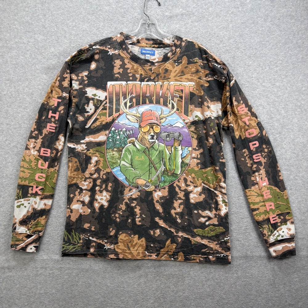 Market Studios T Shirt Men Large Camo The Buck Stop Here Hunting Long Sleeve Tee